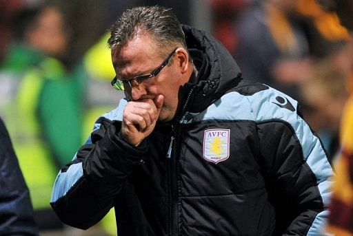 Aston Villa manager Paul Lambert during their League Cup first leg semi-final against Bradford City, January 8, 2013